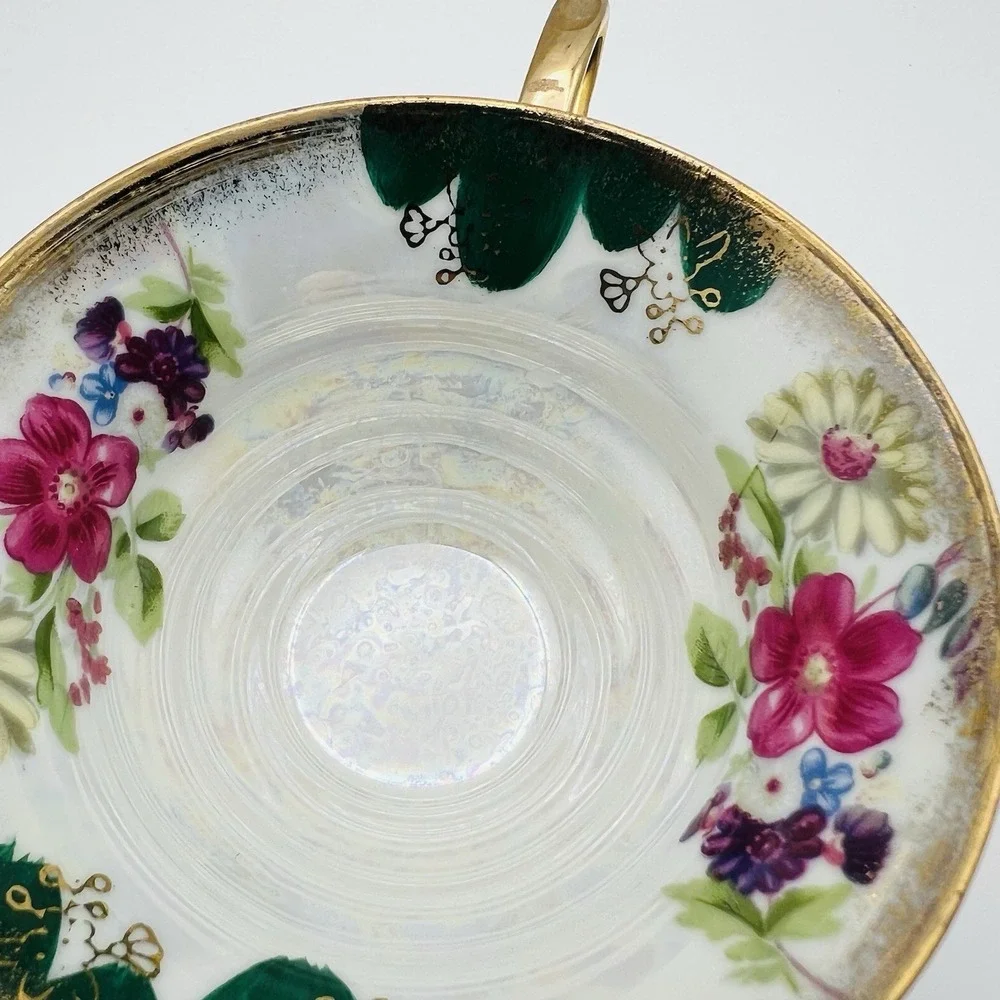 Trimont Ware Japan Pedestal Teacup Saucer Floral Gold Gilt Luster Vintage Tea Se